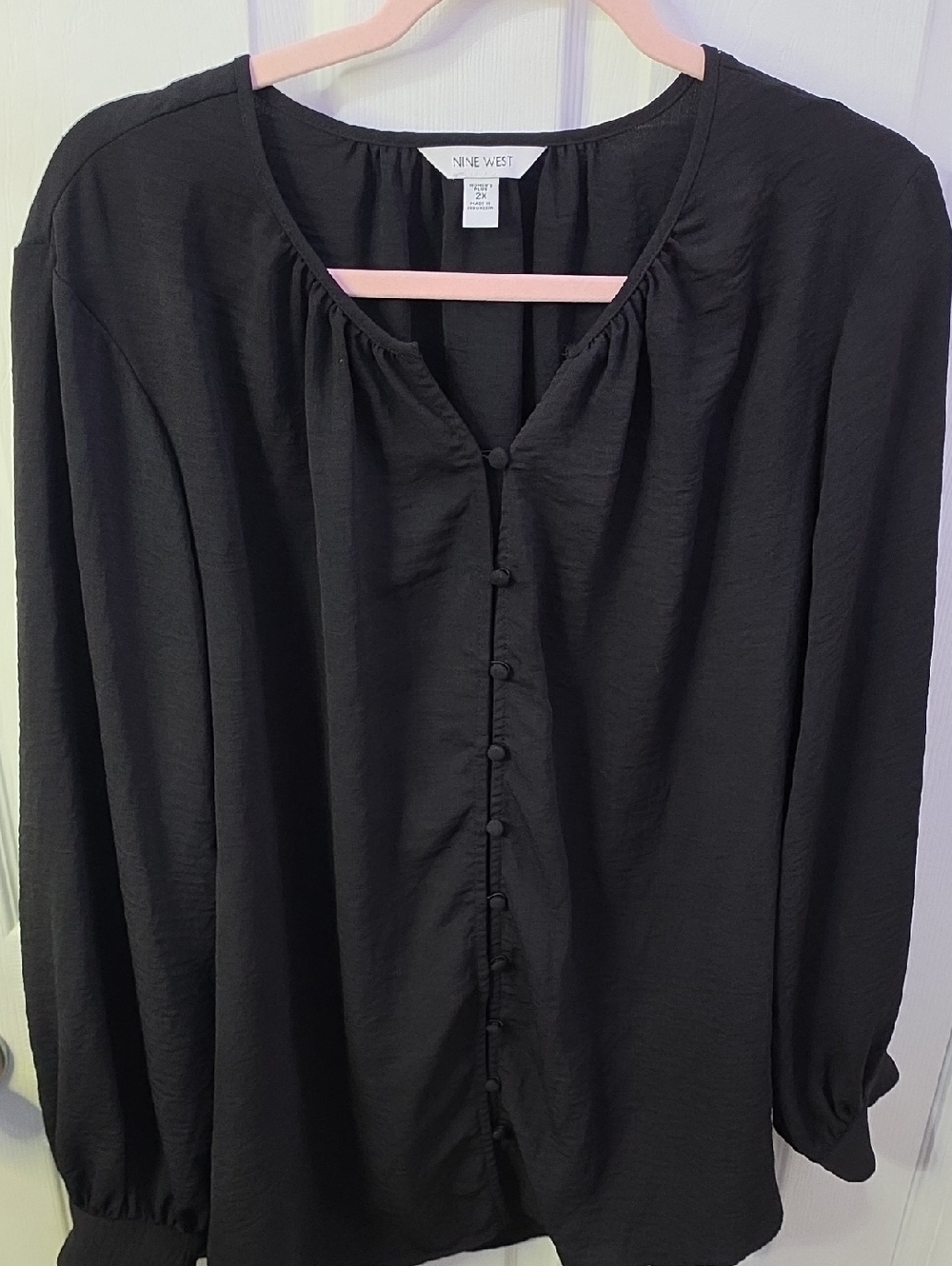 Nine West Black Button-Front Peasant Blouse